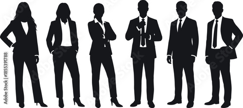 Business people silhouettes illustration, professional men and women in suits standing together, corporate leadership teamwork concept, black vector isolated design