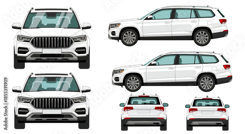 Detailed vector illustration showcasing the front, side, and rear views of a modern white SUV, ideal for automotive design and promotional materials.