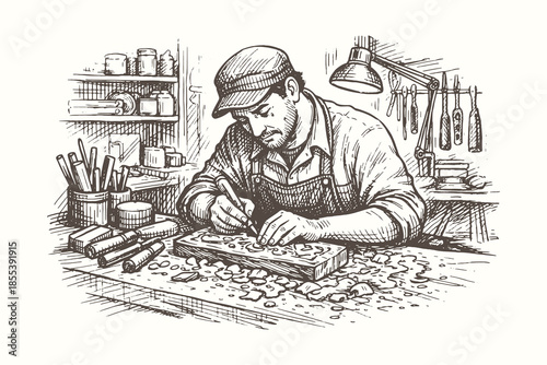 Skilled Craftsman Working at Workbench Vector Illustration, Hand Drawn Sketch of a Carpenter or Artisan for Woodworking, Craft, and Manual Labor Themes.