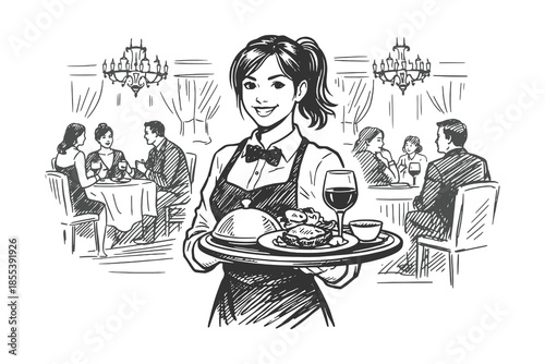 Professional Waitress Serving Food in Restaurant Vector Illustration, Hand Drawn Sketch of Hospitality Service for Food, Dining, and Career Themes.