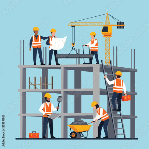 Construction Team Building Skyscraper Architects Engineers Workers.