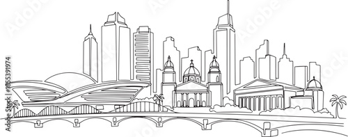 Single line art skyline of Manila city with iconic landmarks.