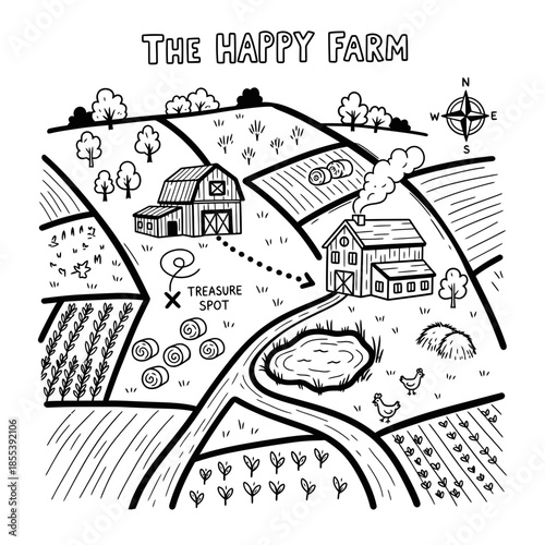 Black and White Farm Map Illustration.