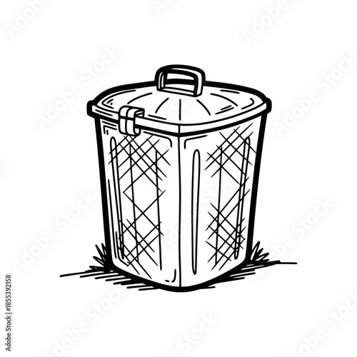 Black and White Trash Can Illustration.
