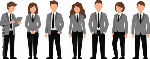 Business team illustration with men and women in formal suits, professional office employees standing together, modern flat vector design