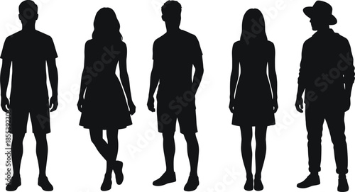Casual people silhouettes standing together, men and women in modern outfits, lifestyle human figures, black vector illustration isolated