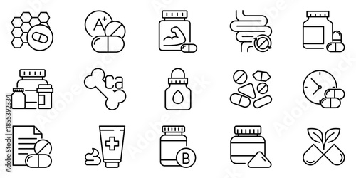 Comprehensive vector line art icon collection depicting essential health, medical, wellness, and pharmaceutical concepts for modern digital design needs