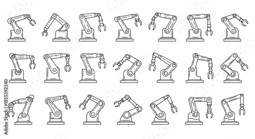 A versatile vector line art collection showcasing numerous industrial robotic arm positions, ideal for illustrating modern factory automation and advanced technological processes.