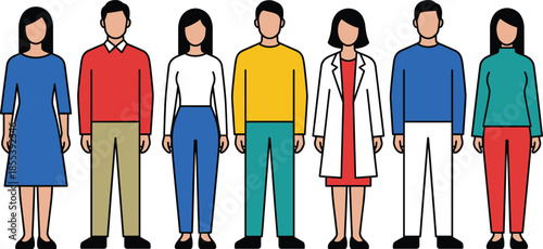 Colorful people illustration set with men and women standing together, diverse casual clothing styles, modern flat vector characters