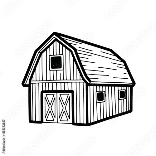 Simple Barn Illustration with Wooden Siding and Windows.