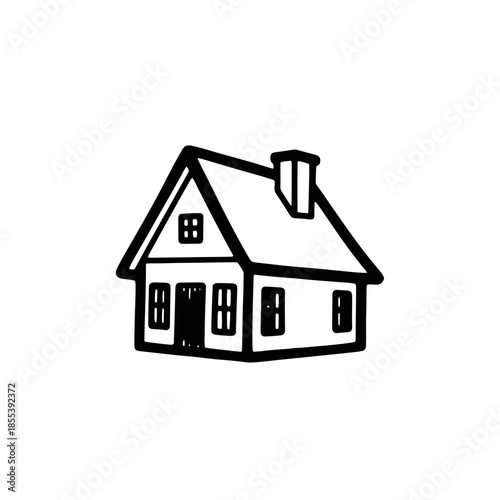 Simple House Illustration with Chimney and Windows.