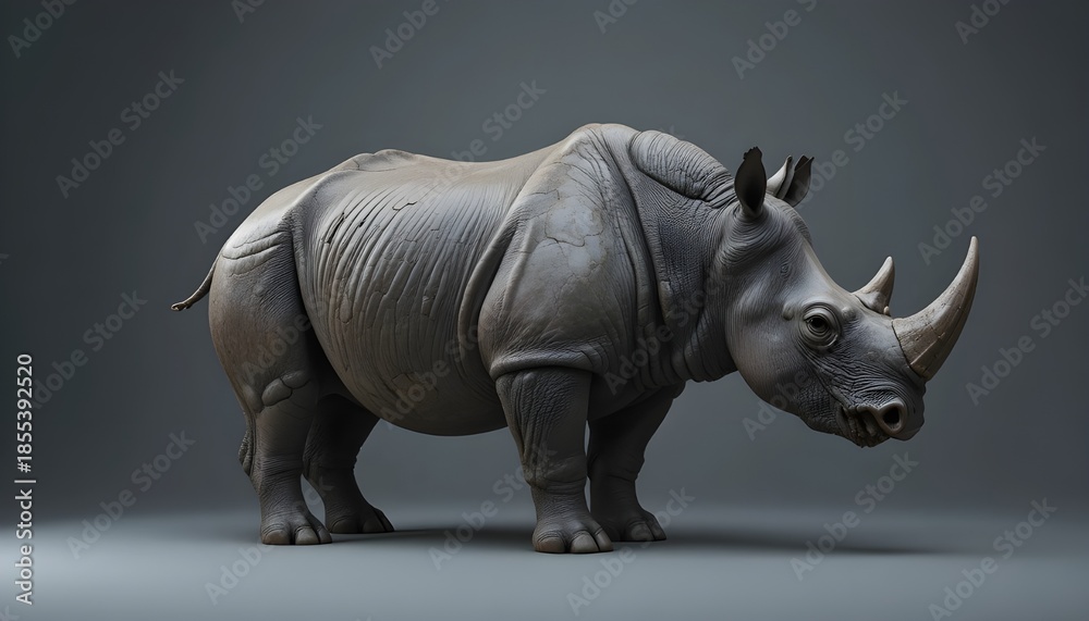 Fototapeta premium Majestic rhinoceros sculpture stands proudly on gray background