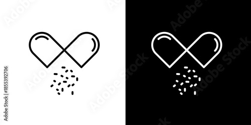 Open capsule spilling small pills, white and black icons