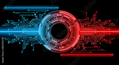 A futuristic engine core vector showcases a digital circuit board design with vibrant red and blue lighting accents, set against a dark background.