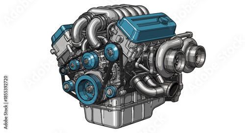 This detailed vector illustration depicts a powerful automotive engine with intricate mechanical components and striking blue accents, isolated for clarity.