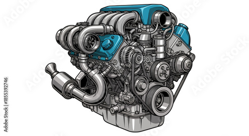 A detailed vector illustration showcases a powerful internal combustion engine, highlighting its intricate components and mechanical design with a focus on functionality and automotive technology.