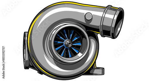 A detailed vector illustration of a modern automotive turbocharger, designed for high-performance engines and speed, isolated on a clean white background.