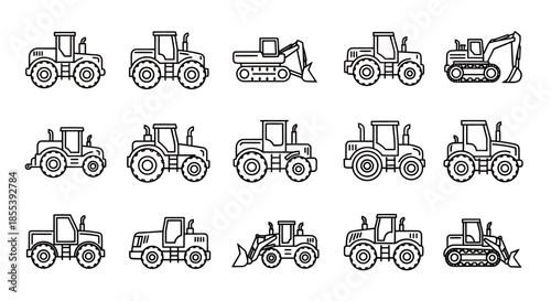 A set of construction vehicle icons provides a simple and clean visual representation of heavy machinery, perfect for illustrating construction or engineering concepts in a design.