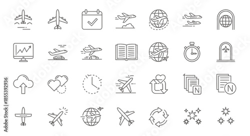 A collection of modern, minimalist line art icons featuring various aspects of air travel, including airplanes, world globes, and related symbols, perfect for design.