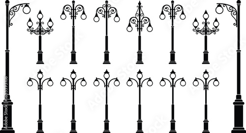 Vintage street lamp silhouettes collection, decorative outdoor lighting poles, classic urban design elements, black vector illustration set isolated