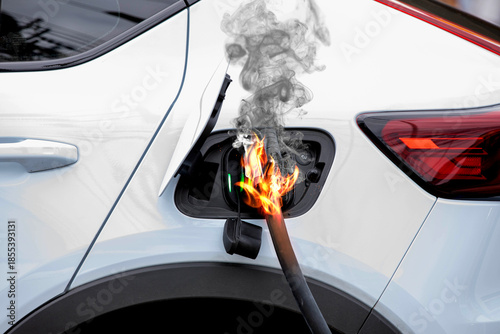 Electric vehicle charging port on fire with smoke and flames. Concept of EV battery hazard, substandard equipment, and fire safety risk.