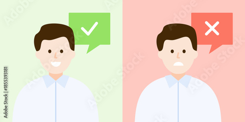 Man saying yes and no with tick check mark and cross mark speech bubble. Problem, solution, opinion, idea, option, choice concept. Flat character vector design isolated illustration. 
