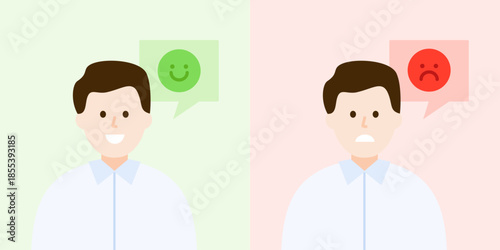 Man character with happy and sad emoji face speech bubble. Expression, opinion, idea, option, choice, feedback concept. Flat character vector design isolated illustration.