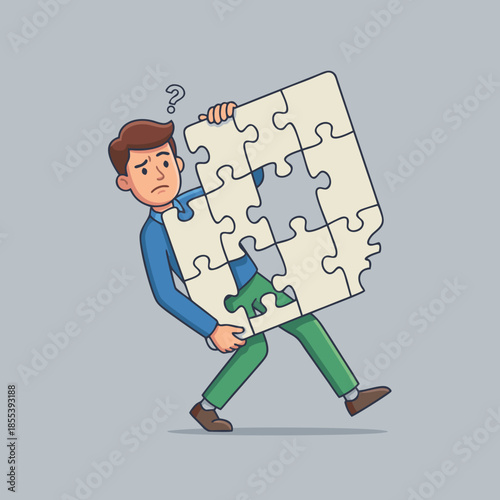 Man struggling to assemble a large jigsaw puzzle with missing pieces.