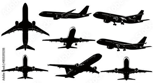 A comprehensive collection of passenger airplane silhouettes, depicted in various vector views, perfect for aviation and travel design projects.