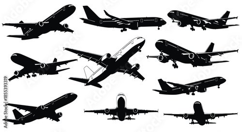 A collection of detailed black airplane silhouettes in various flight positions, showcasing the beauty of aviation and perfect for design projects and commercial use, all in a vector format.
