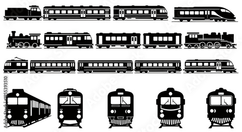A collection of train illustrations in vector format, showcasing various styles and eras of railway transportation with a clean and minimalist aesthetic.