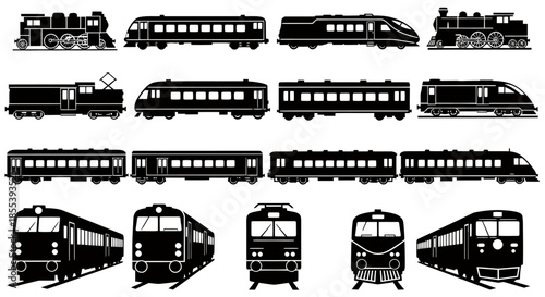 A diverse collection of train silhouettes showcases various locomotive designs, from classic steam engines to modern electric models, presented in a clean vector format.