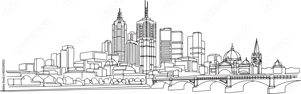 Obraz premium Minimal black single-line illustration of Melbourne skyline, isolated