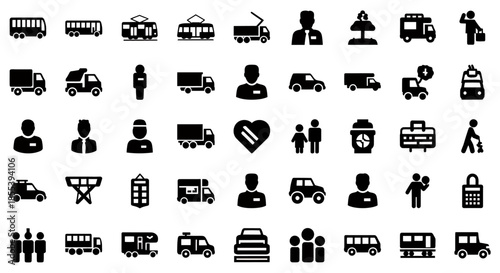 Collection of transportation and service-related icons in a clean vector format, offering a versatile set of graphics for various commercial and design purposes.