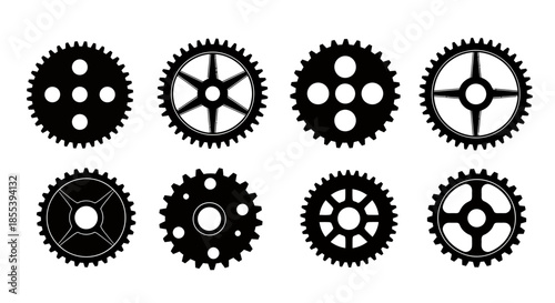 A collection of various detailed gear designs in black and white, perfect for illustrating concepts related to mechanics, engineering, and technological advancements, presented as a vector graphic.