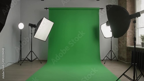 studio shot of a modern camera with green screen