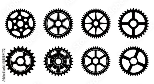 A set of eight vector illustrations showcases various gear and cog designs, rendered in a clean, black-and-white style suitable for technical diagrams and mechanical themes.
