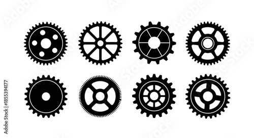 A set of eight distinct gear icons in a clean, black vector illustration, ideal for designs needing a mechanical or industrial touch, showcasing precision.