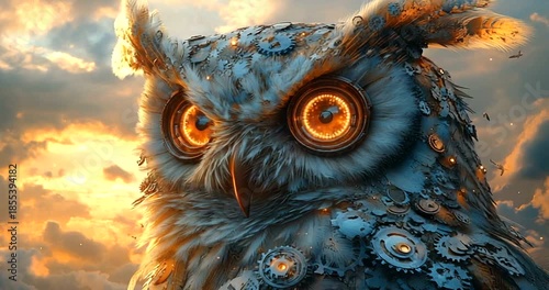 Mechanical owl with glowing eyes against sunset sky