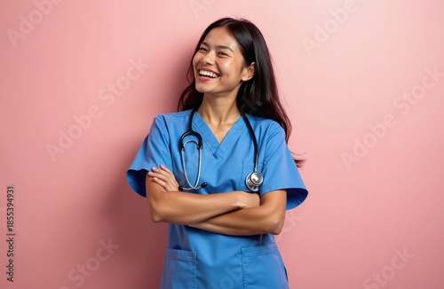 Young latin nurse laughs with stethoscope and arms crossed. She wears blue scrubs and stands against a pink wall. She looks happy and confident in her medical uniform.