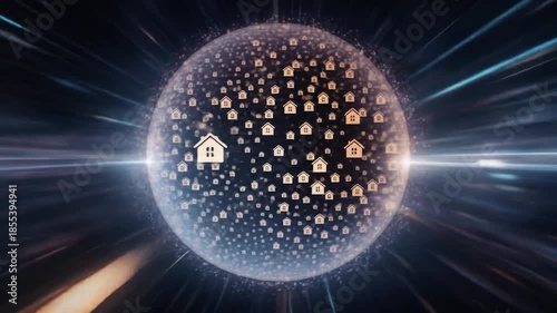 Energetic house sphere hurtling through hyperspace, symbolizing rapid growth real estate housing