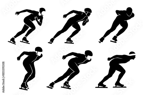 Professional vector set of 6 speed skating athlete silhouettes in dynamic poses. Black figures showing skating positions, turns, and racing stances. Perfect for sports design projects.