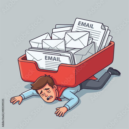 Overwhelmed businessman crushed by inbox full of emails.