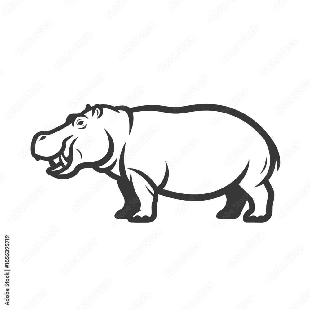 Fototapeta premium Simple black and white illustration of a hippopotamus in profile view