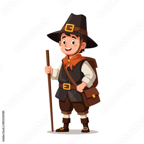Cartoon illustration of a young pilgrim boy with a staff and satchel
