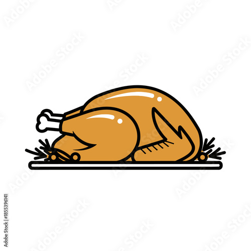 Cartoon illustration of a roasted turkey on a serving platter with garnish