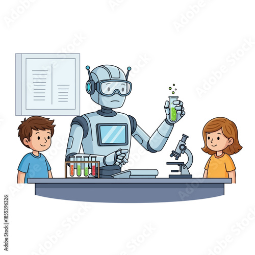 A robot teaching children science in a colorful laboratory setting
