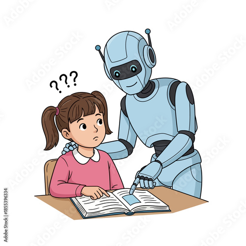 A curious young girl receives guidance from a helpful futuristic robot assistant