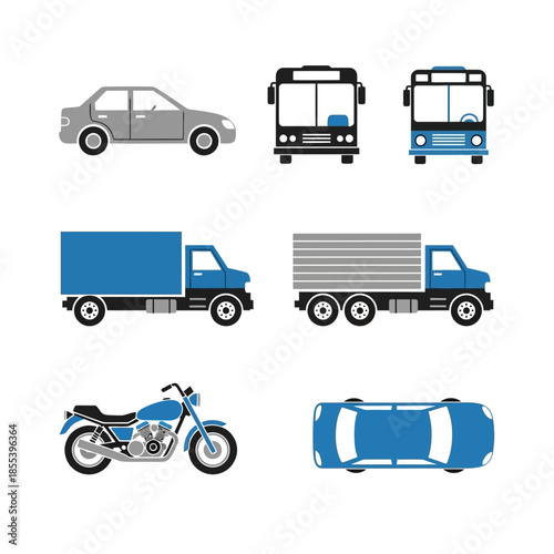 A collection of flat design transportation icons including cars trucks and motorcycles
