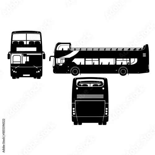 Black and white illustrations of a double decker bus from multiple perspectives